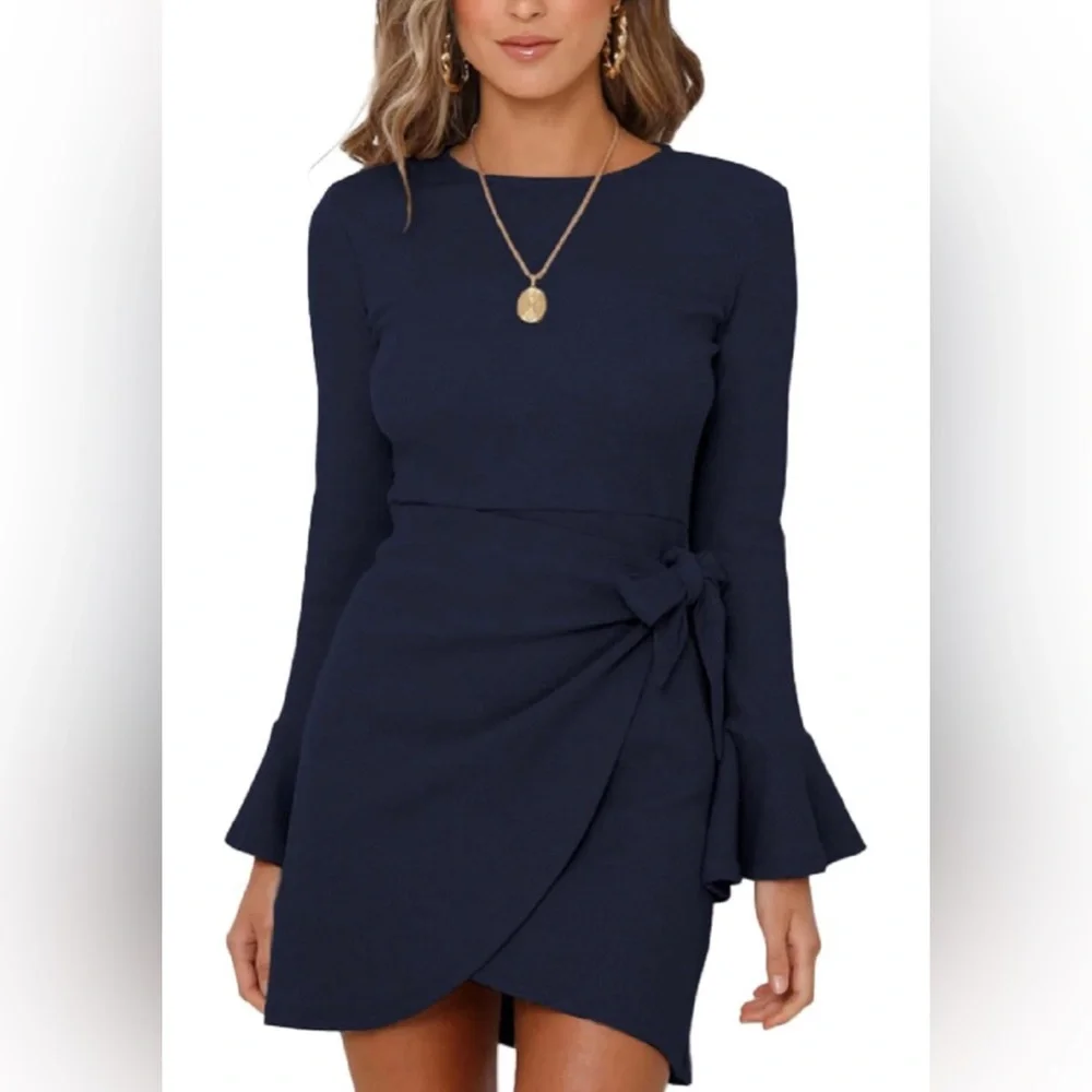 NWT Tie Waist Bodycon Long Bell Sleeve Mini Dress Size Large - Picture 1 of 7
